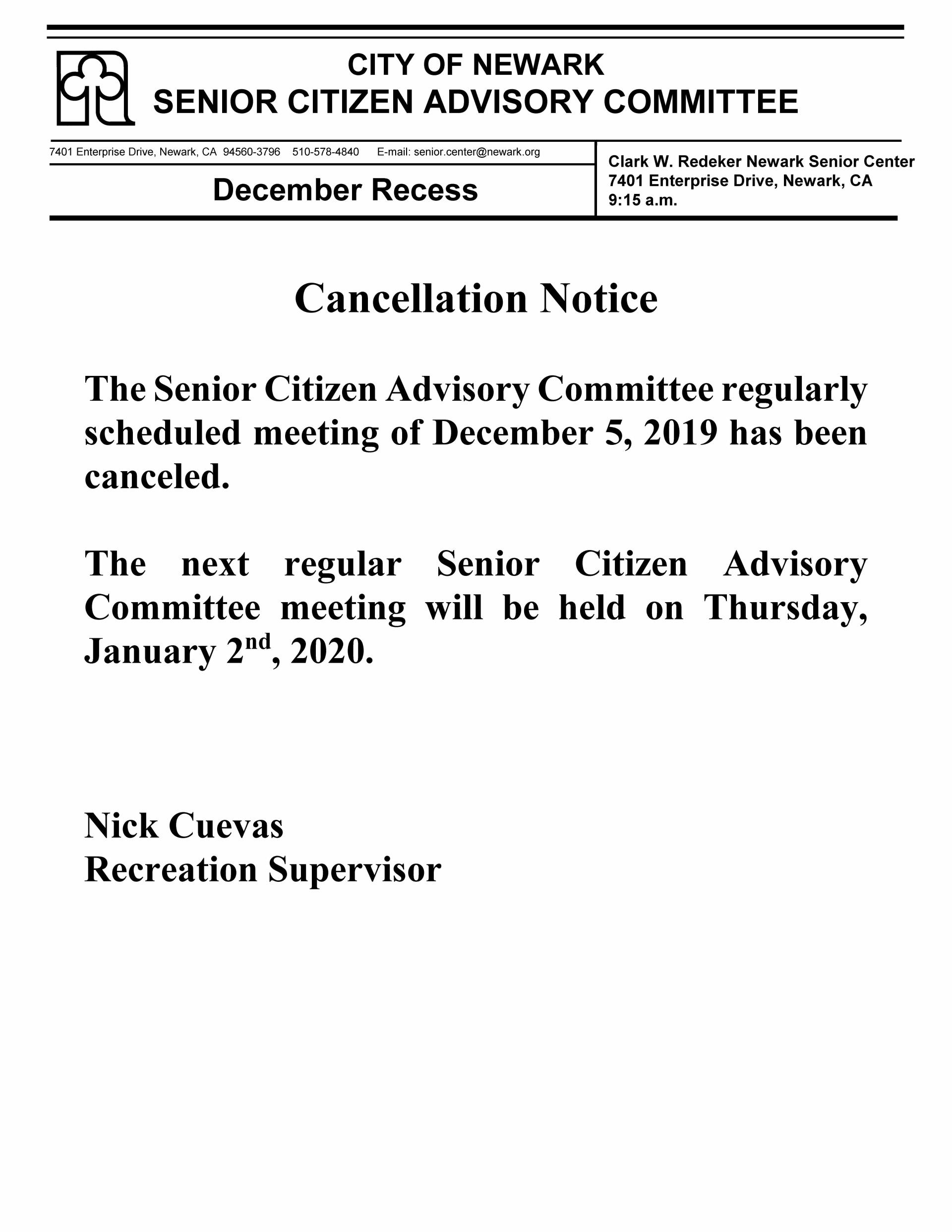 December 2019 recess cancellation